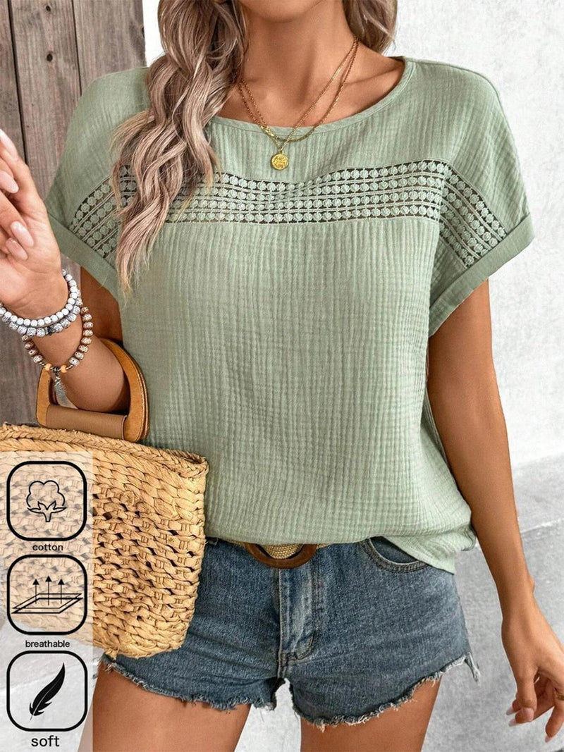Women's Solid Green Crew Neck Short Sleeve Basic Blouse