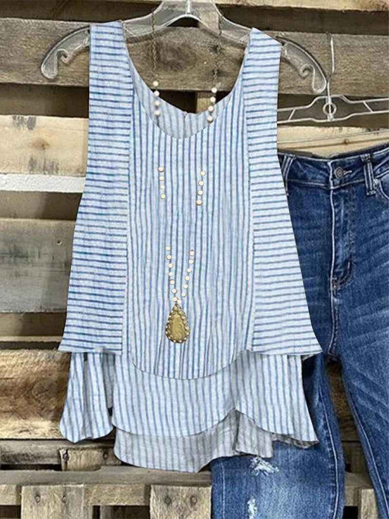 Blue Striped Layered Hem Sleeveless Tank Top