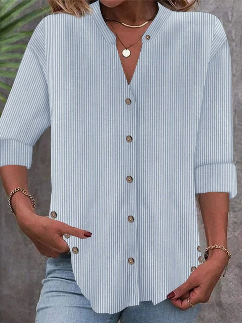 Notched Neck Striped Long Sleeve Regular Loose S