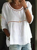3/4 Sleeve White Crew Neck Plain Comfy Blouse