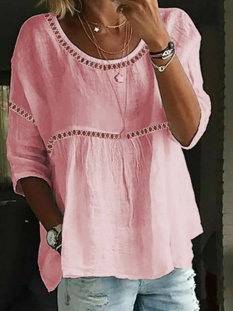 3/4 Sleeve White Crew Neck Plain Comfy Blouse