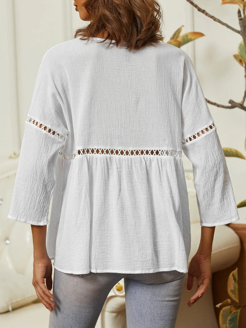 3/4 Sleeve White Crew Neck Plain Comfy Blouse