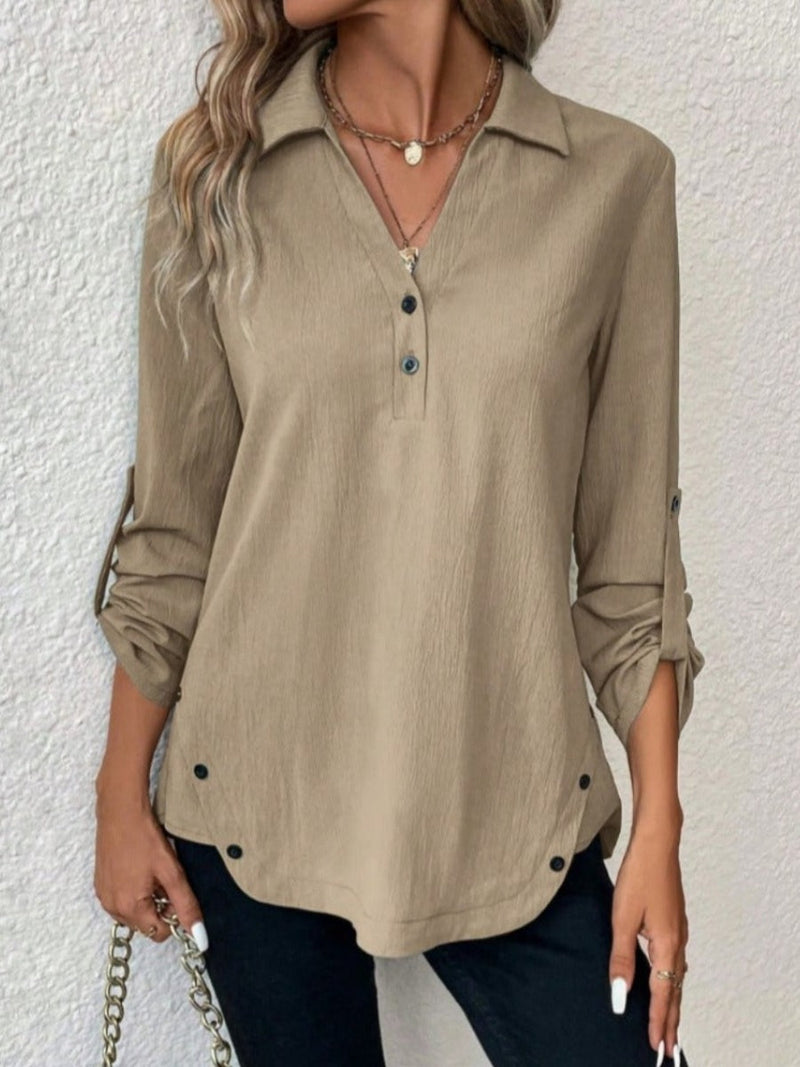 Plain Notched Neck Long Sleeve Loose Blouse - Micro-Elasticity