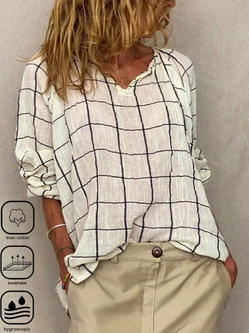 Casual Plaid Loose Fit V-Neck Long Sleeve Tunic Shirt