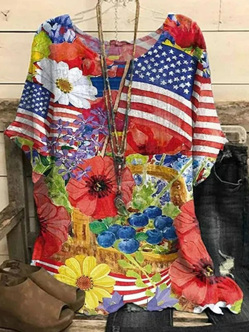Floral And Flag Print Crew Neck Batwing Sleeve Casual Blouse