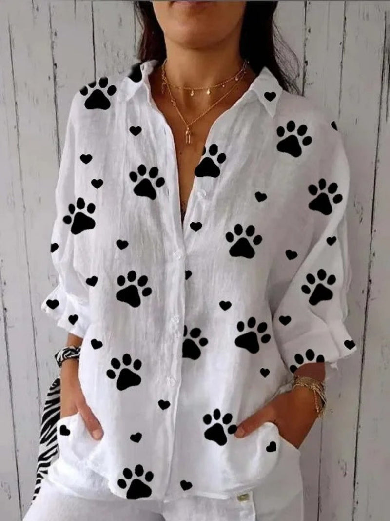 Women's Linen Shawl Collar Heart Print Half Sleeve Blouse
