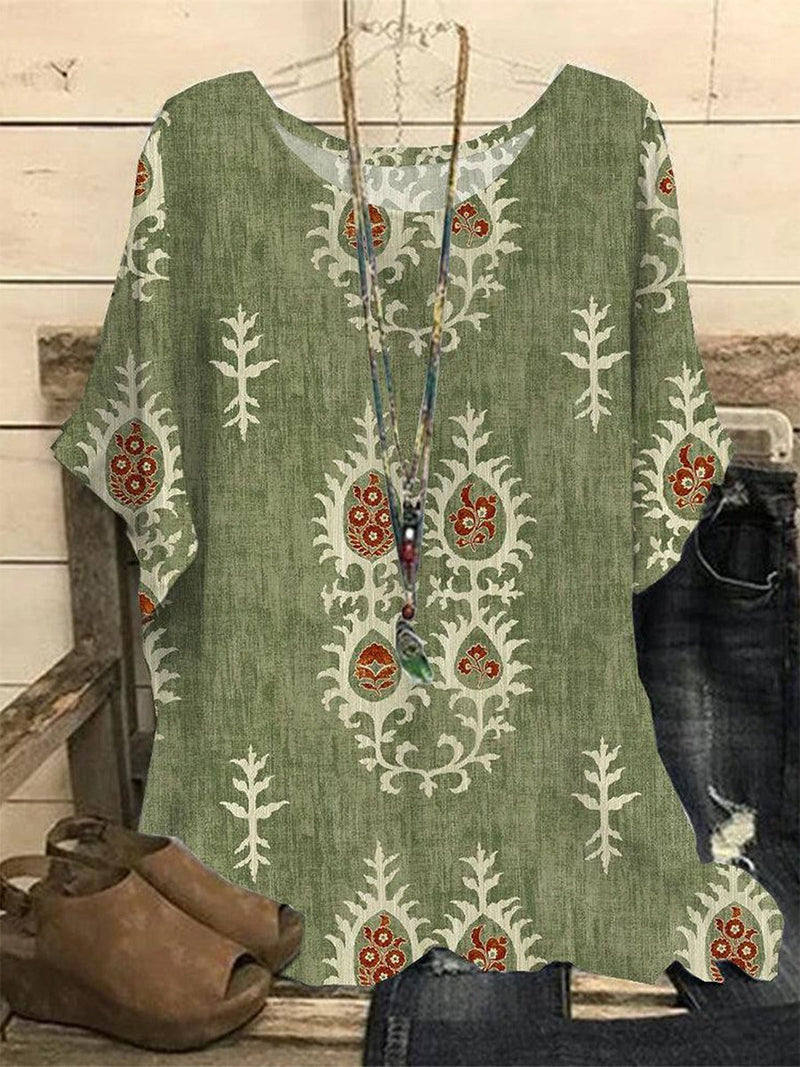 Ethnic Green Loose Crew Neck Blouse