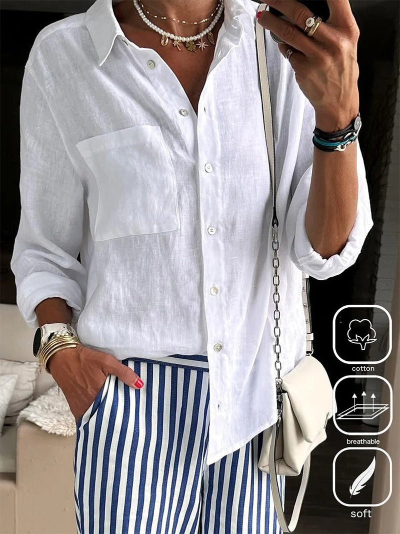 White V-Neck Long Sleeve Buttoned Pocket Shirt