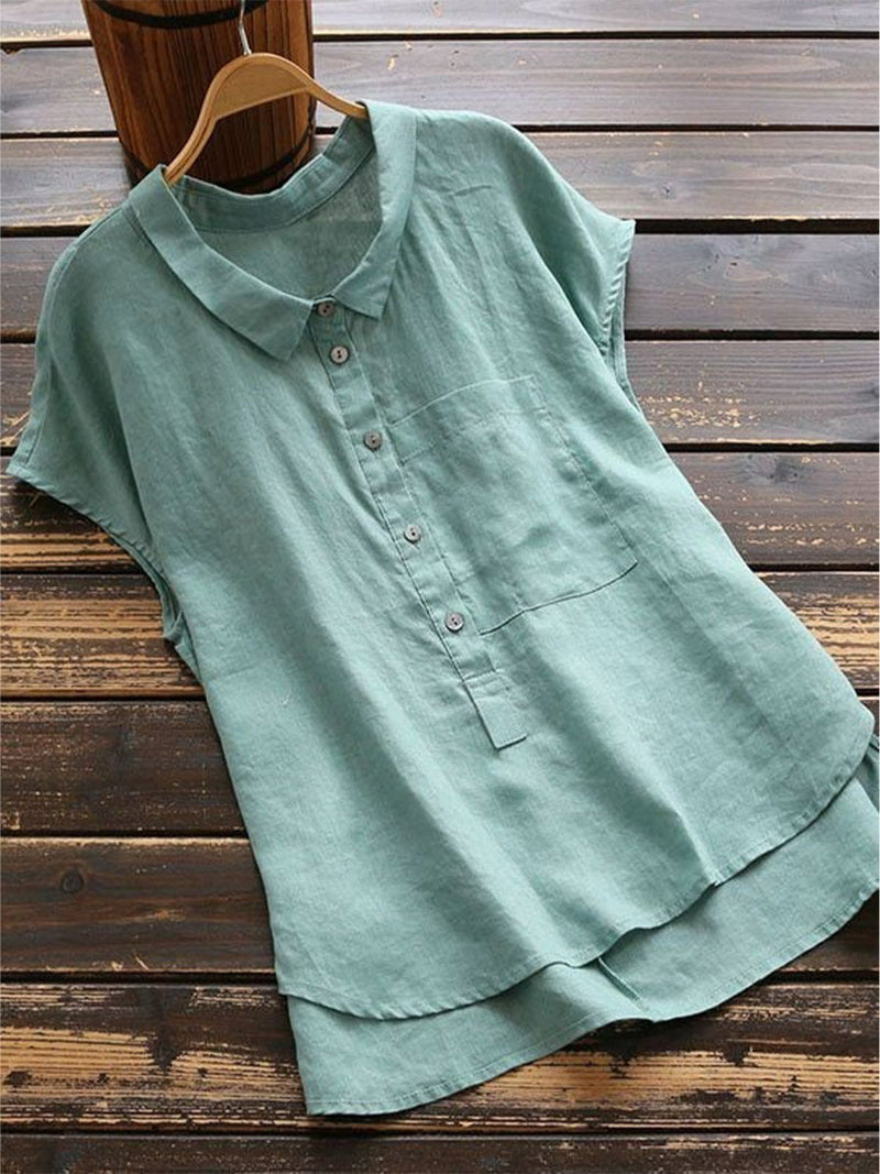 Blue Cute Button Front Lapel Collar Casual Blouse for Women