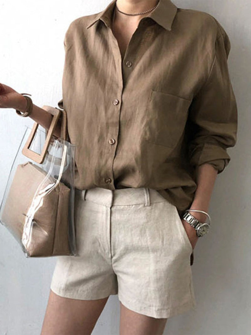 Solid Coffee Plain V-Neck Loose Fit Casual Button Shirt