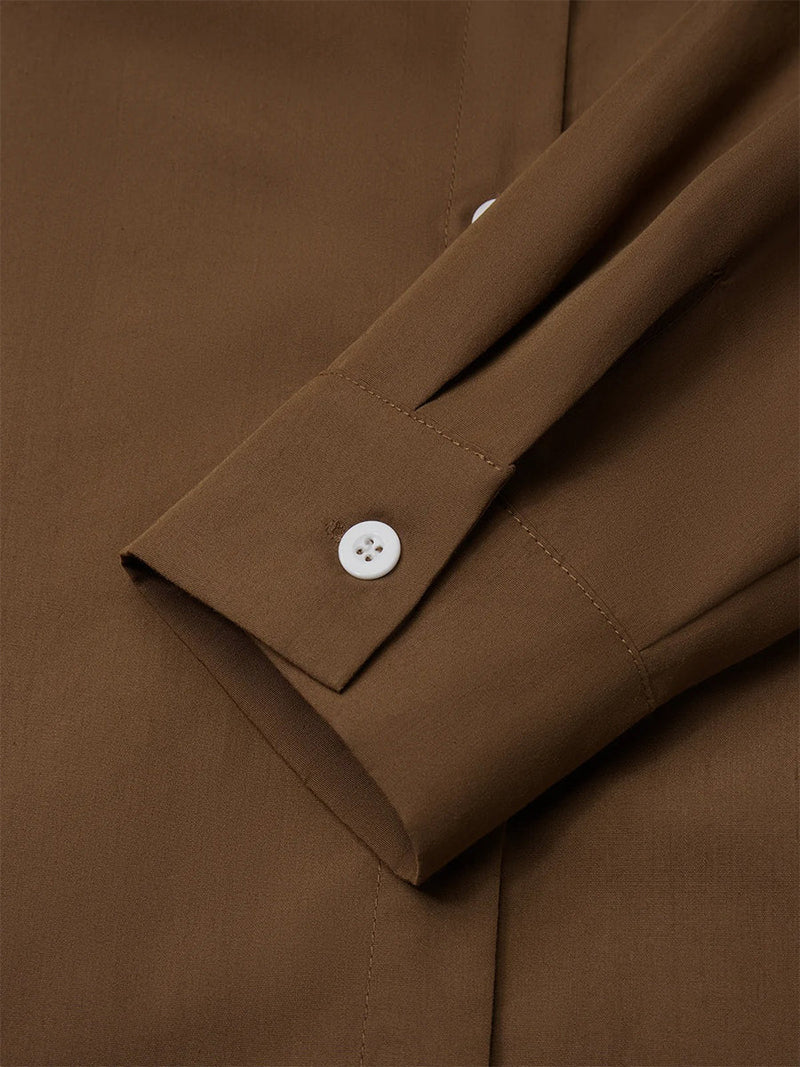 Solid Coffee Plain V-Neck Loose Fit Casual Button Shirt