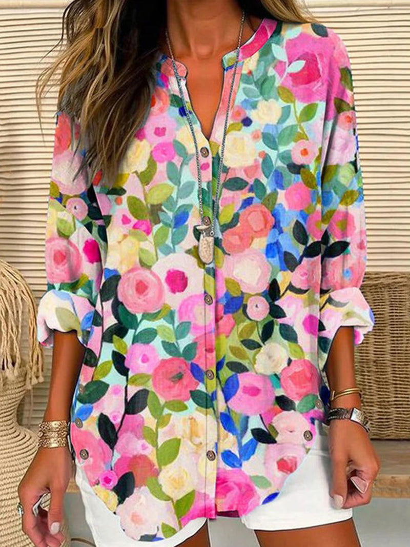 V-Neck Vintage Flower Print Button Blouse