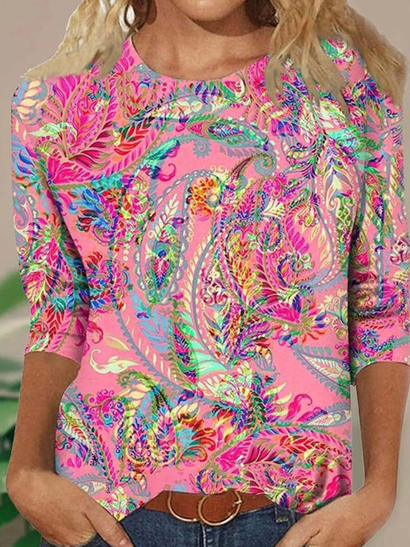 Showy Boho Ethnic Print Crew Neck Loose Fit Blouse