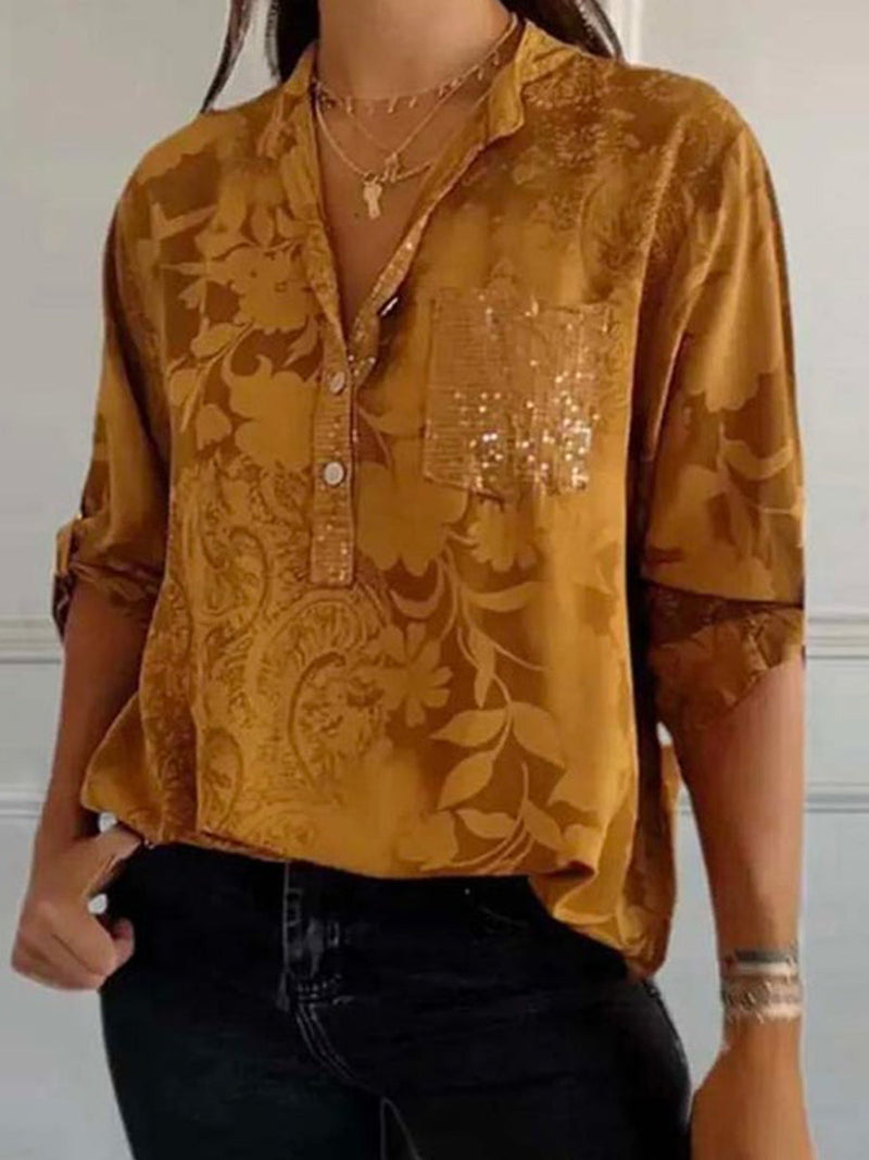 Vintage Brown Floral Print V-Neck Casual Blouse
