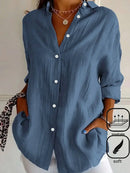 Solid V-Neck Buttoned Loose Casual Blouse