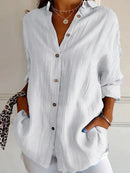 Solid V-Neck Buttoned Loose Casual Blouse