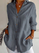 Solid V-Neck Buttoned Loose Casual Blouse