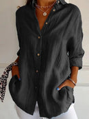 Solid V-Neck Buttoned Loose Casual Blouse