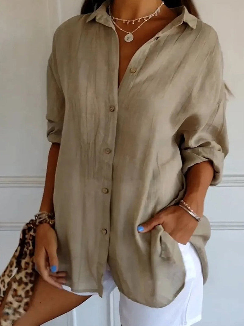 Solid V-Neck Buttoned Loose Casual Blouse