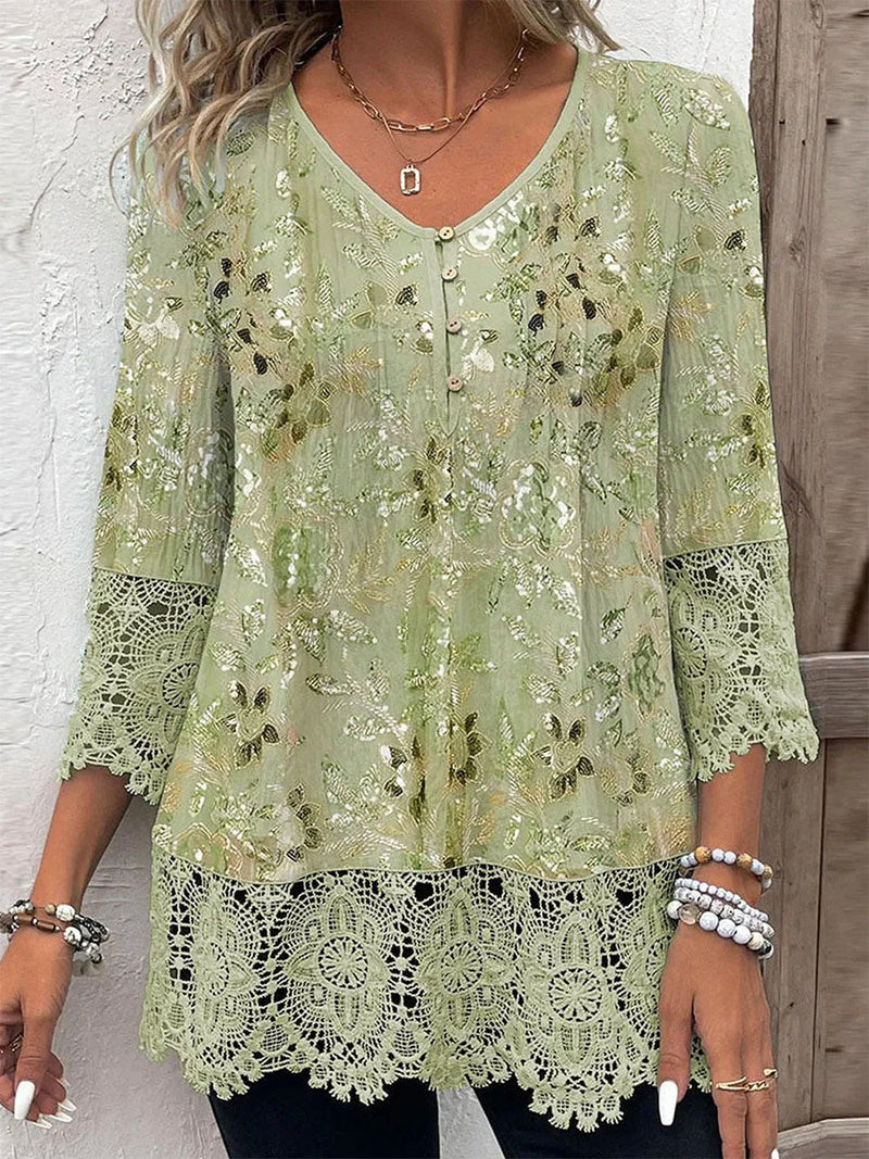 Chic Green 3/4 Sleeve Floral Lace V-Neck Blouse