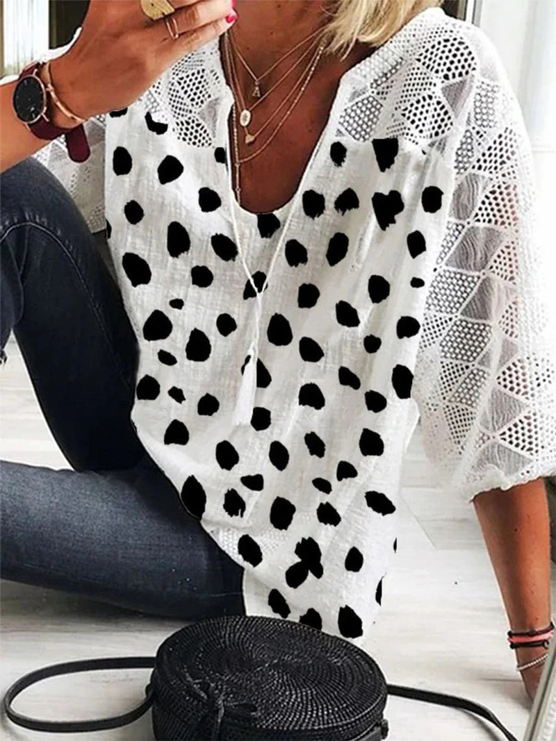 Polka Dots V-Neck 3/4 Sleeve Casual Blouse