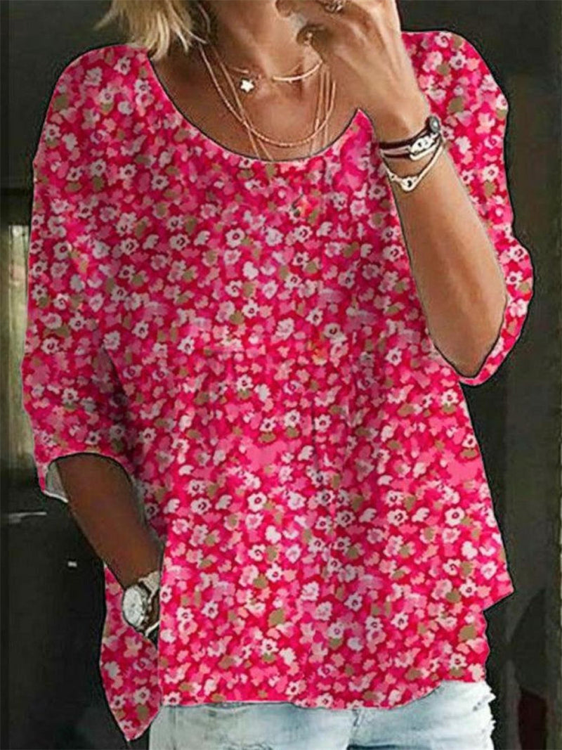 Comfy Flower Print Crew Neck 3/4 Sleeve Blouse