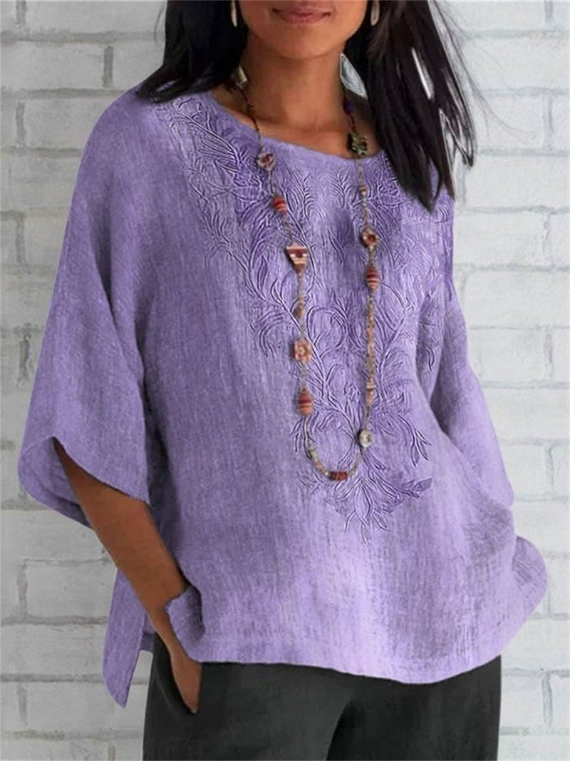 Purple Crew Neck Short Sleeve Embroidery Blouse