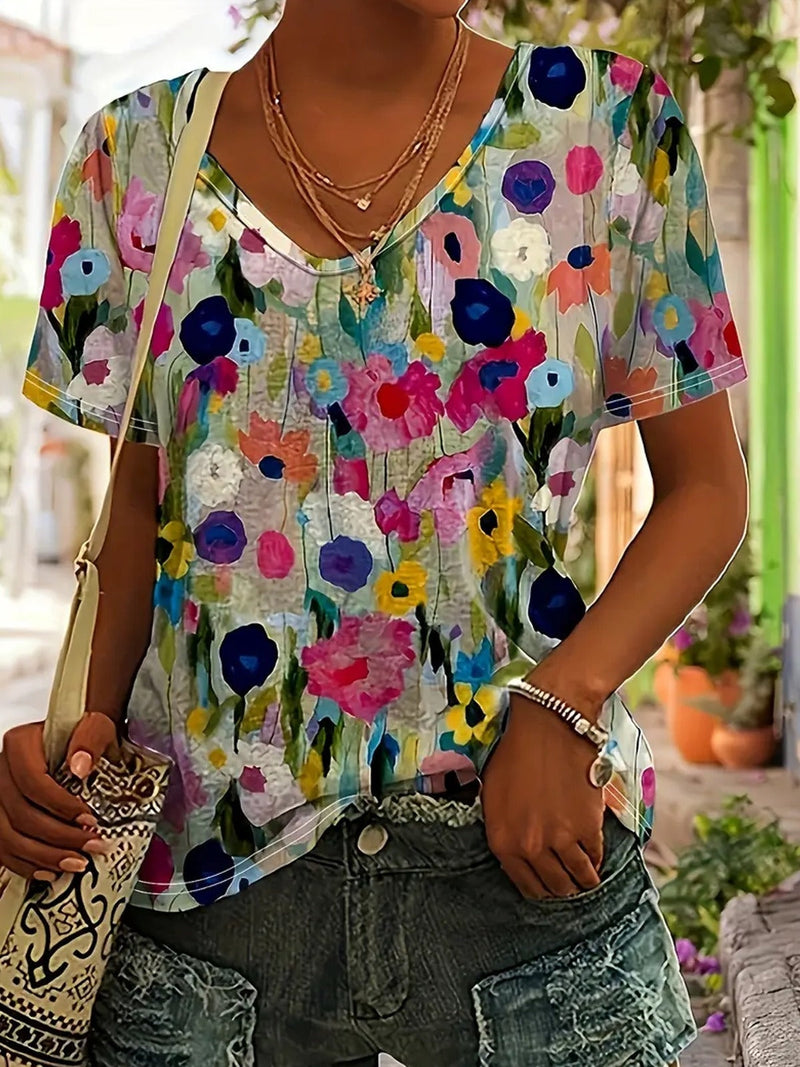 Loose Floral Print Crew Neck Short Sleeve T-Shirt