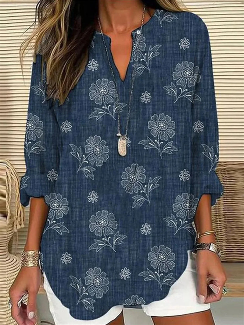 Floral Vintage V-Neck Long Sleeve Loose Casual Blouse