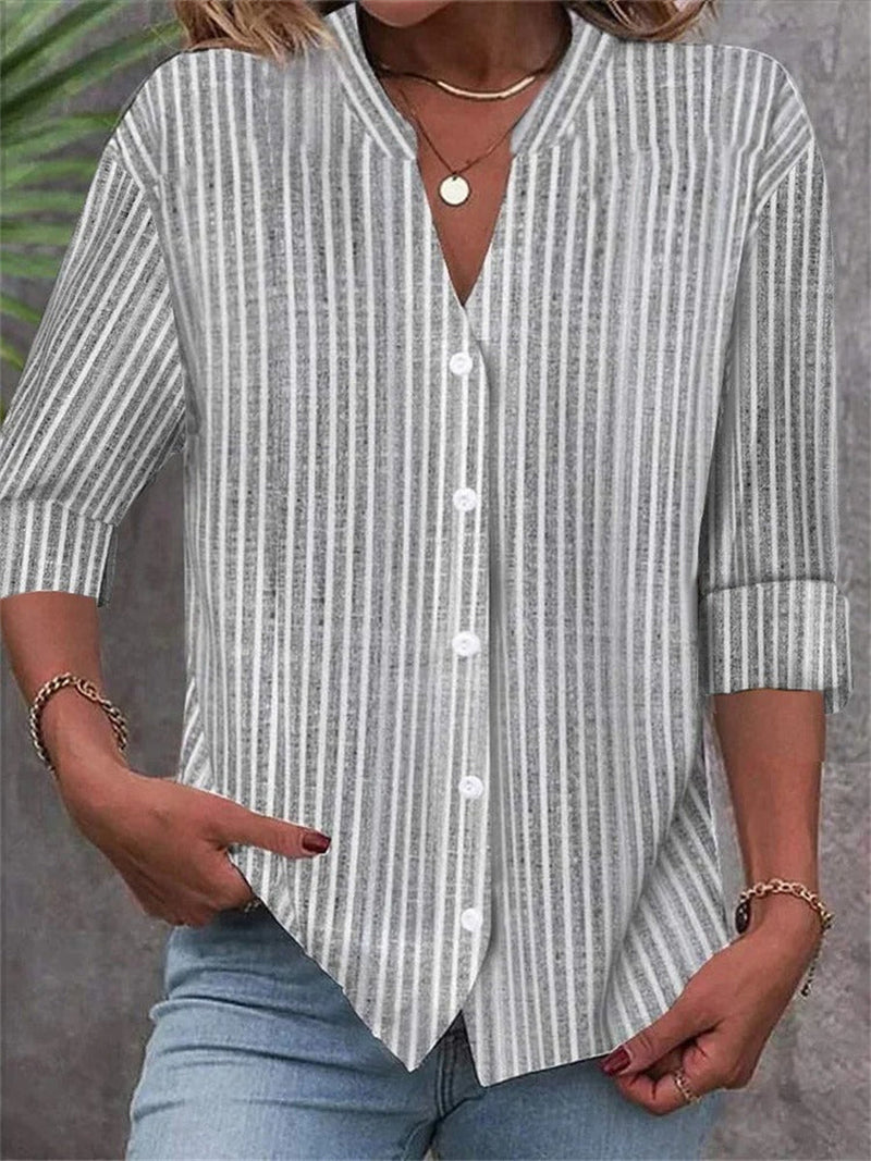 Striped Gray V-Neck Long Sleeve Casual Blouse