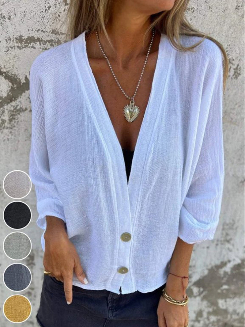 Plain V-Neck Long Sleeve Buckle Loose Casual Blouse