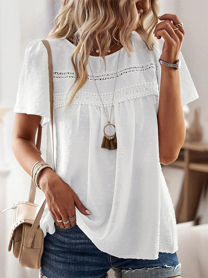 Casual Loose Plain Lace Short Sleeve Shirt