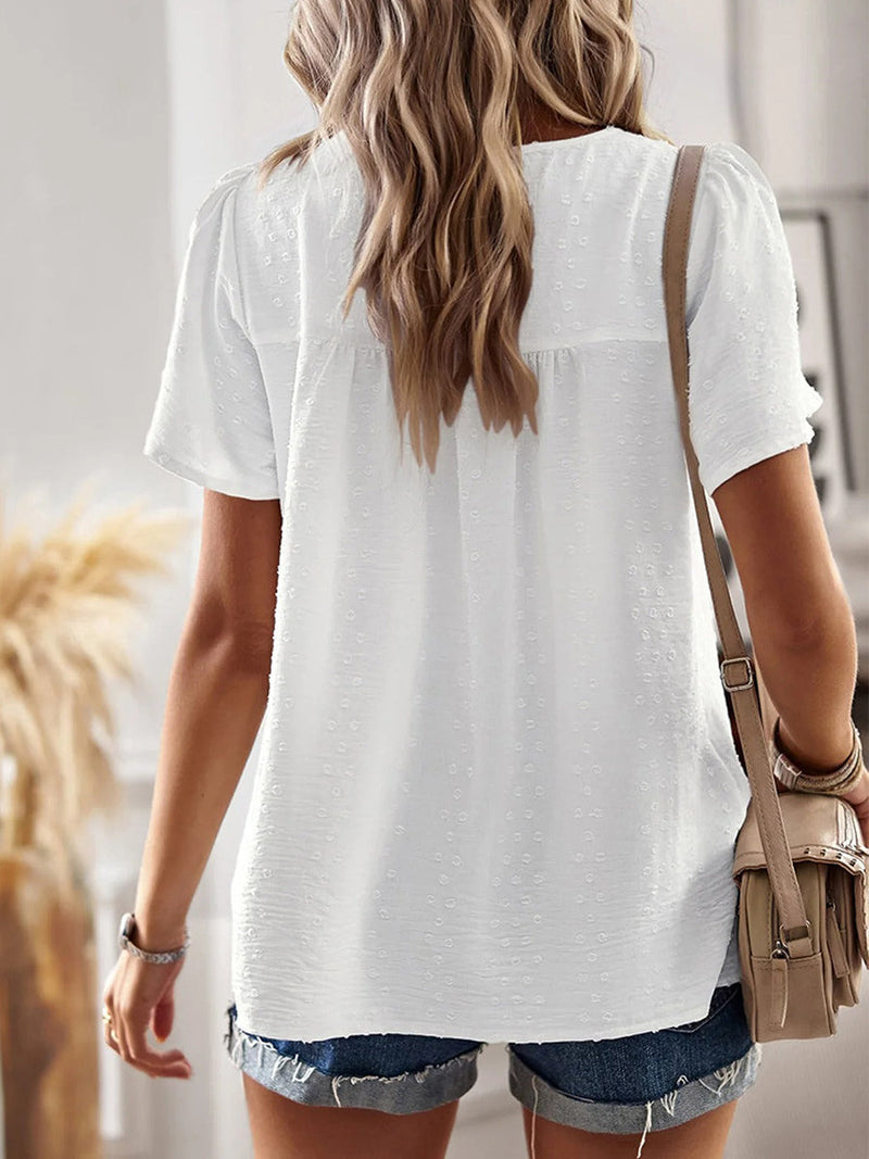 Casual Loose Plain Lace Short Sleeve Shirt