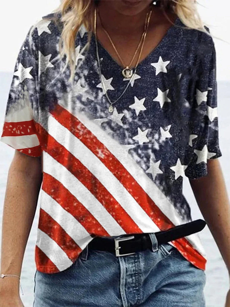 Casual V Neck America Flag Printed Short Sleeve Blouse