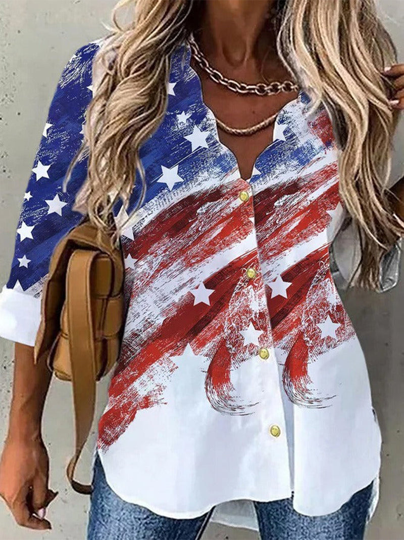 Casual Independence Day America Flag Long Sleeve Blouse