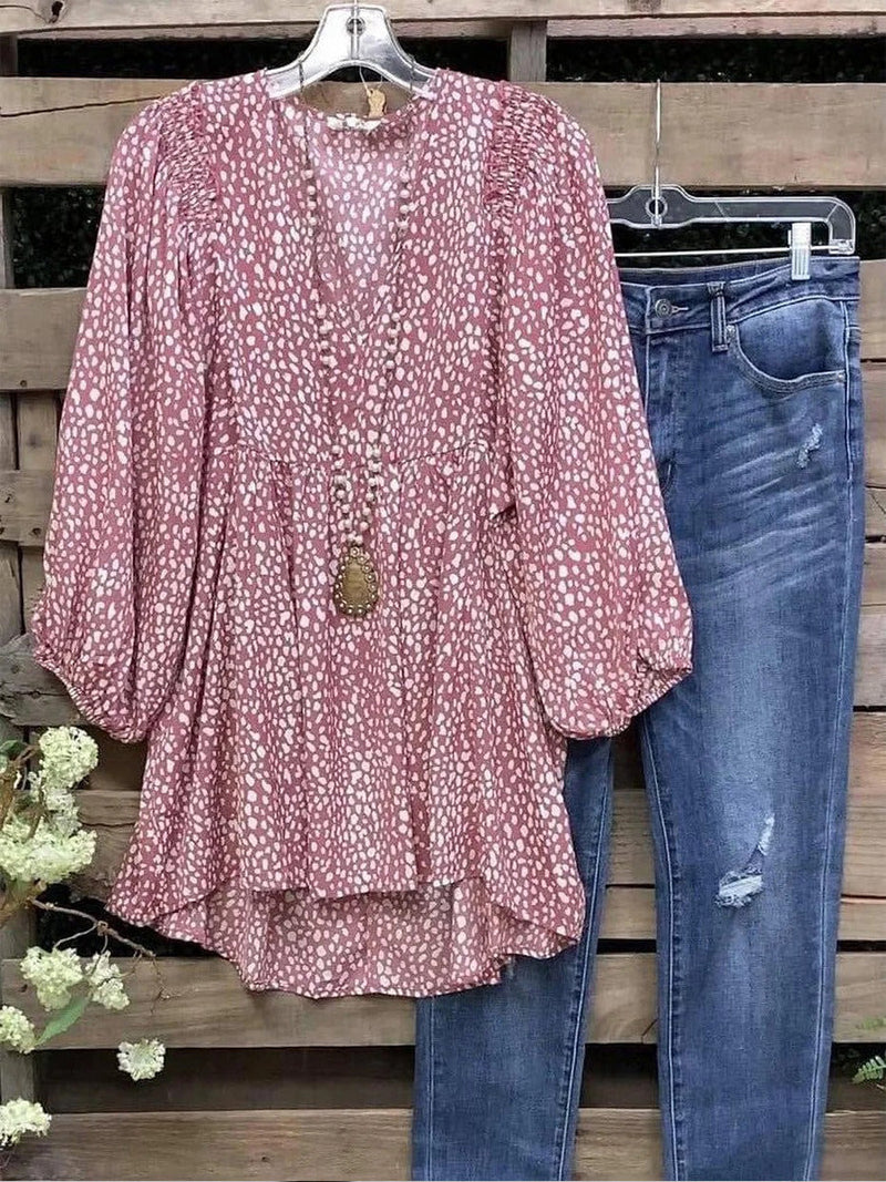 V Neck Pink Loose Abstract Polka Dots Blouse
