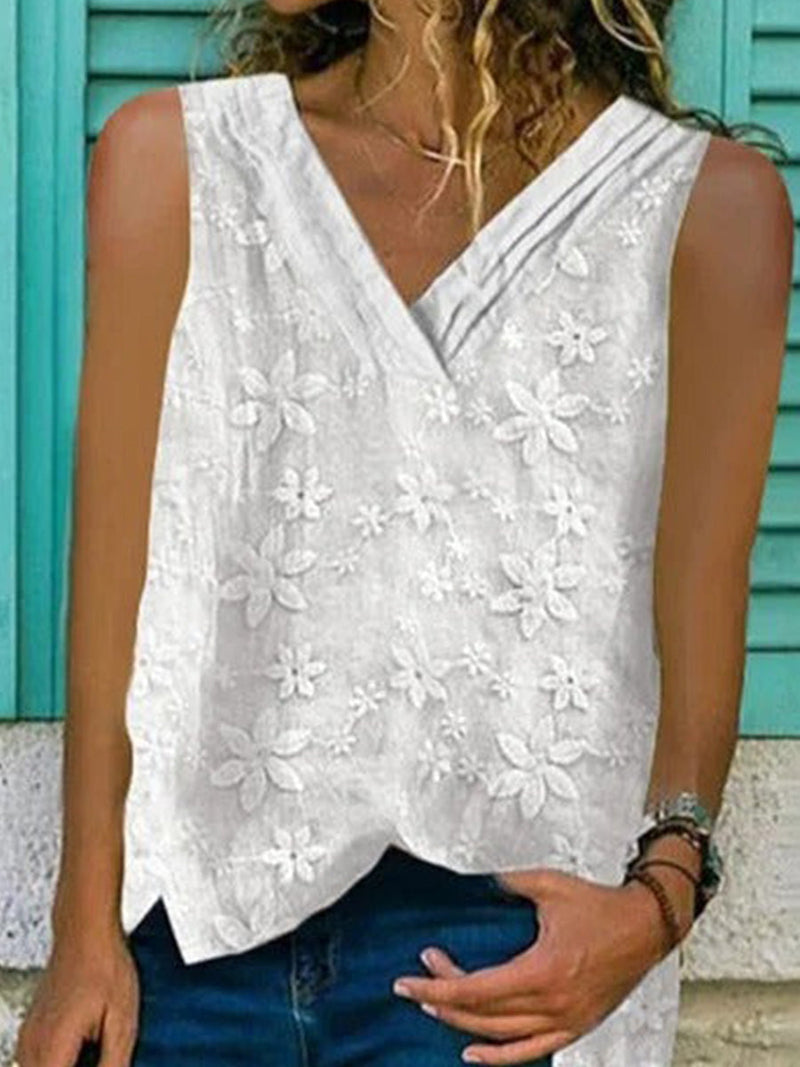 V Neck Summer White Floral Lace Sleeveless Tank