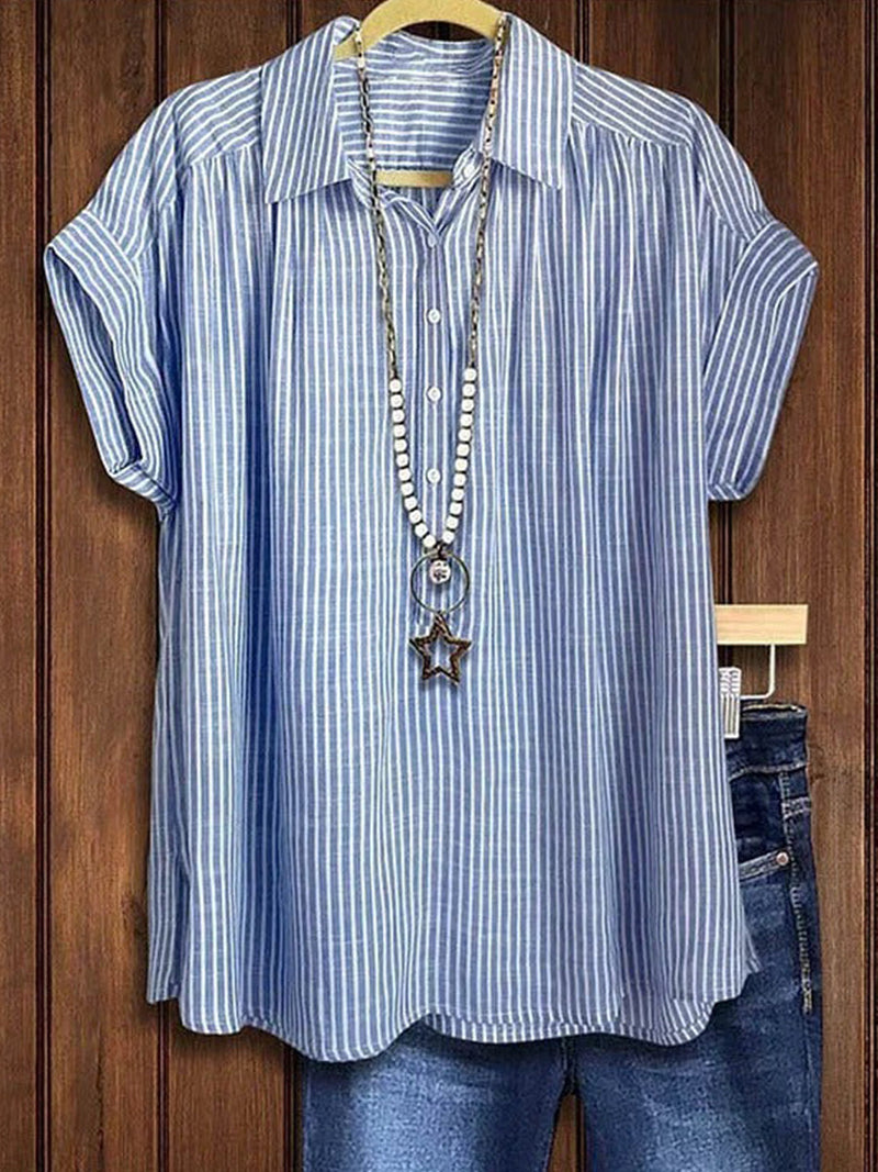 Short Sleeve Striped Linen Stand Collar Blouse