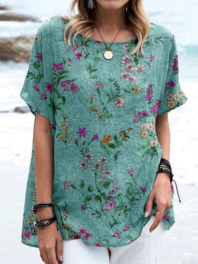 Round Neck Green Summer Floral T-Shirt