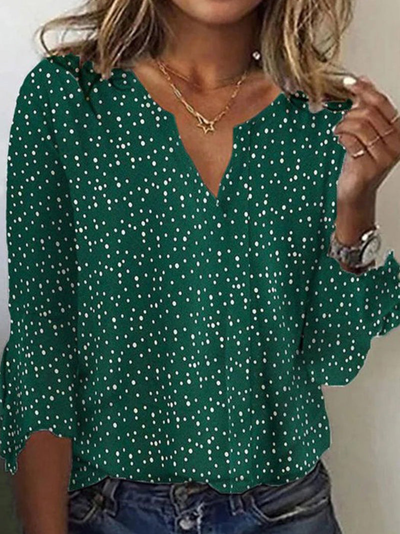 V Neck Green Vintage Polka Dot Blouse