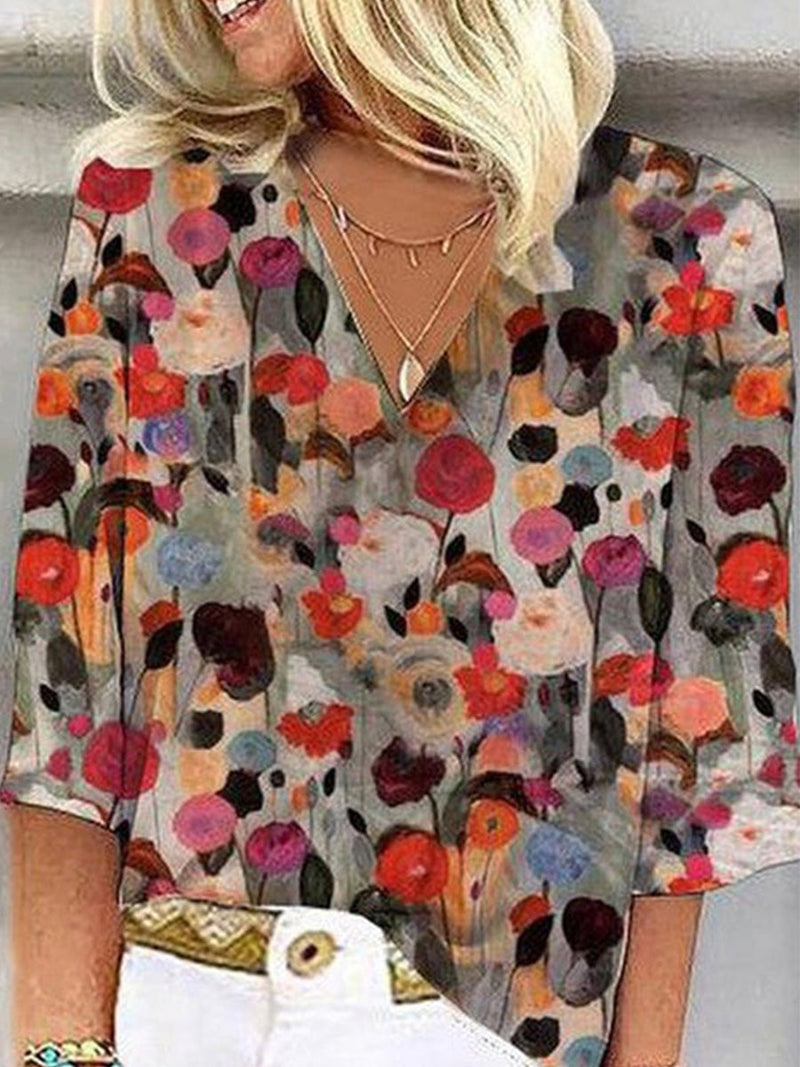 V Neck Colorful Floral 3/4 Sleeve Blouse