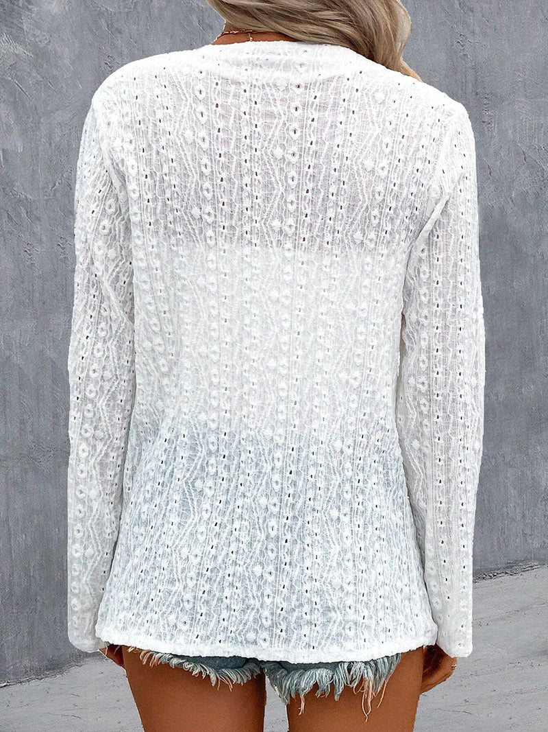 Casual 3/4 Sleeve Plain Embroidery Hollow Out Loose Top