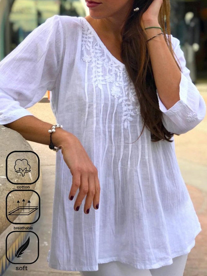 V Neck Chic Plain Lace 3/4 Sleeve Blouse