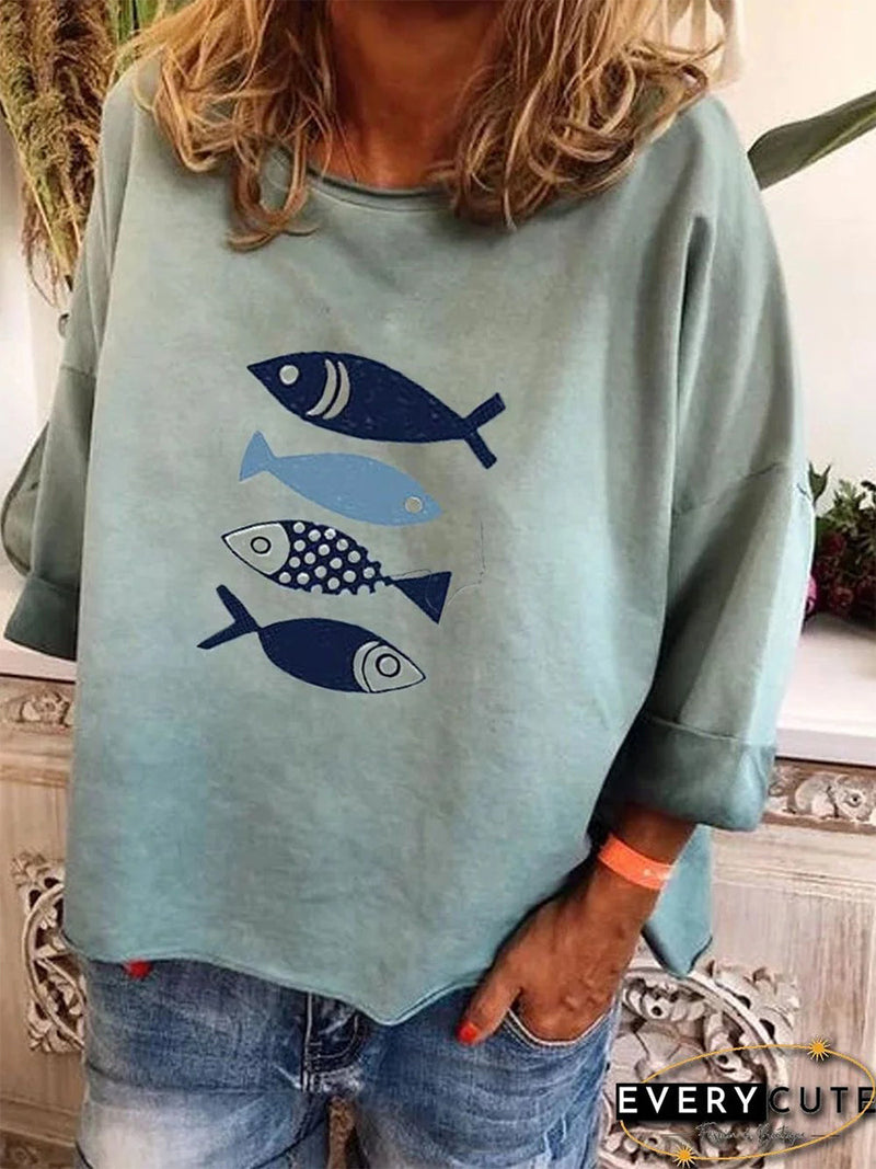 Round Neck Blue Casual Printed Fish T-Shirt