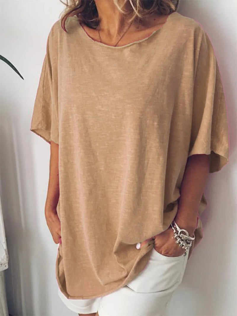 Round Neck Khaki Loose Short Sleeve Shirt