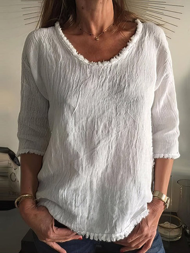 White Casual Short Sleeve Tassel T-Shirt