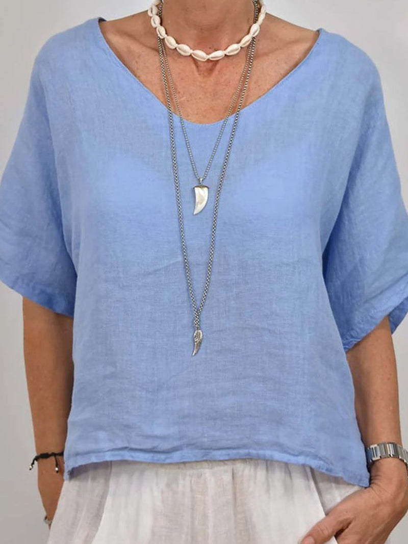 V Neck Solid Color Short-Sleeve Casual Blouse
