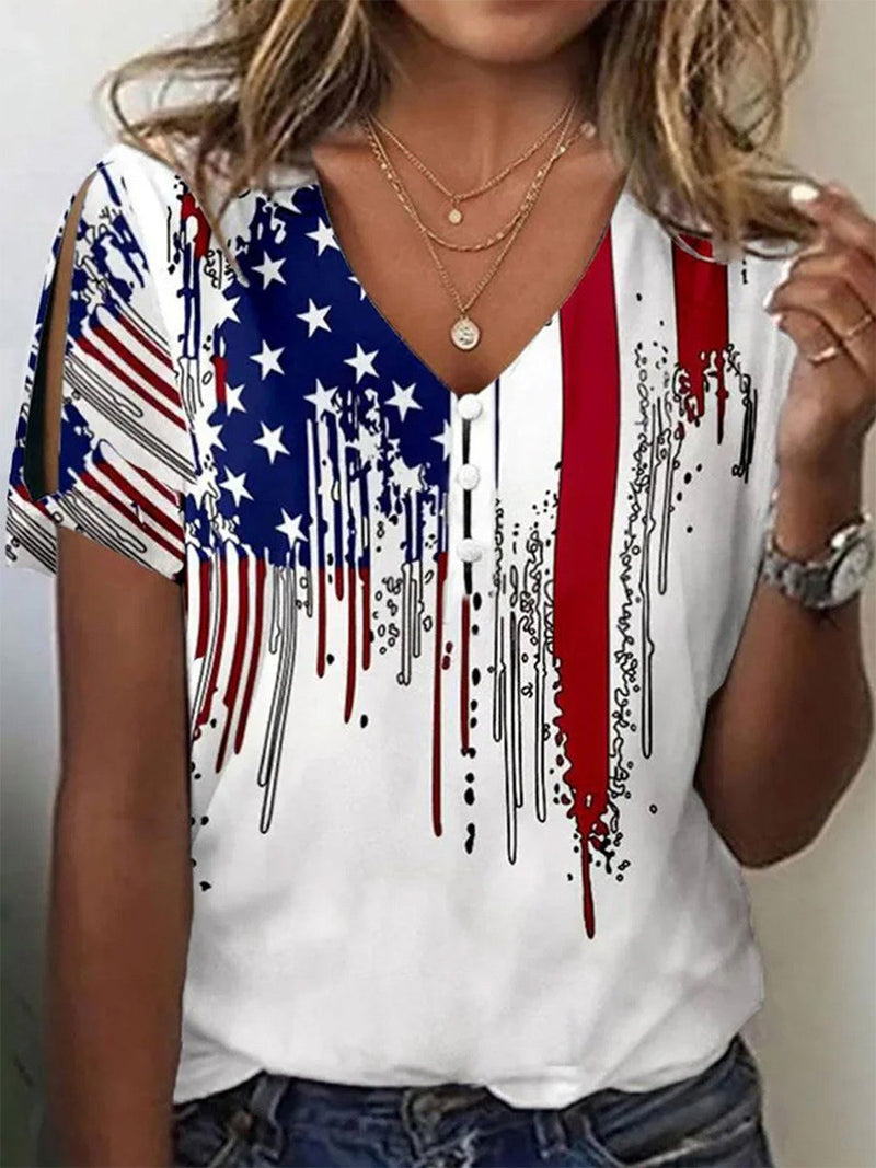 V Neck Casual America Flag Short Sleeve T-Shirt