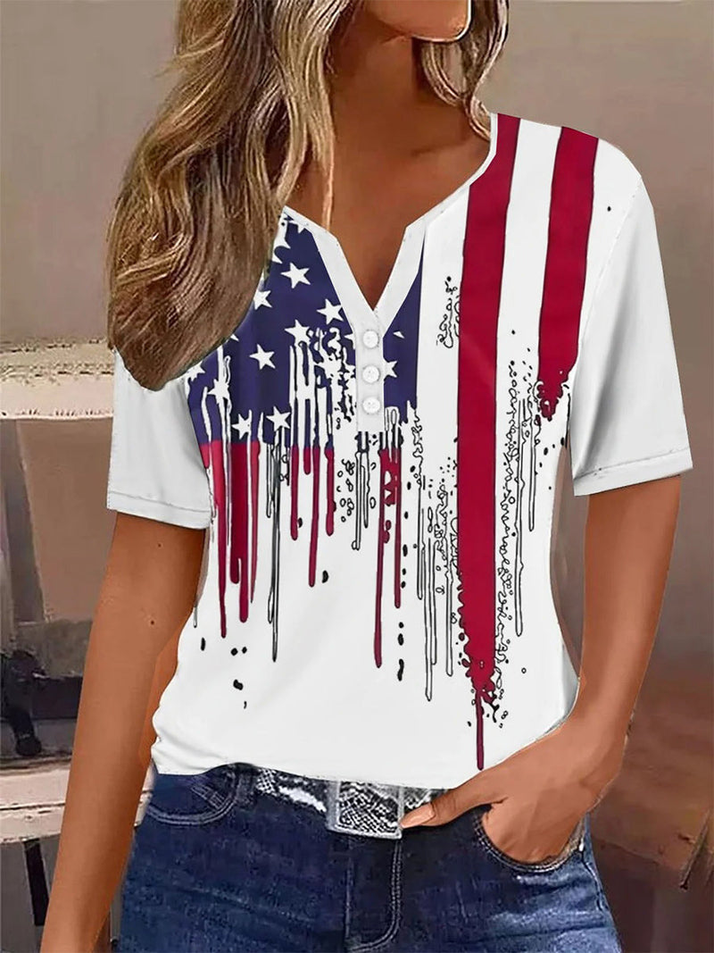 Short Sleeve Casual America Flag Notched T-Shirt