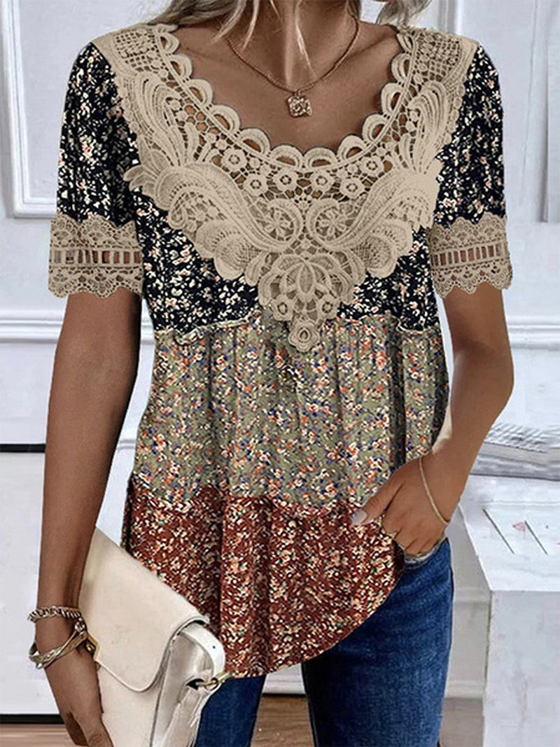 V Neck Disty Floral Lace Loose Short Sleeve Shirt